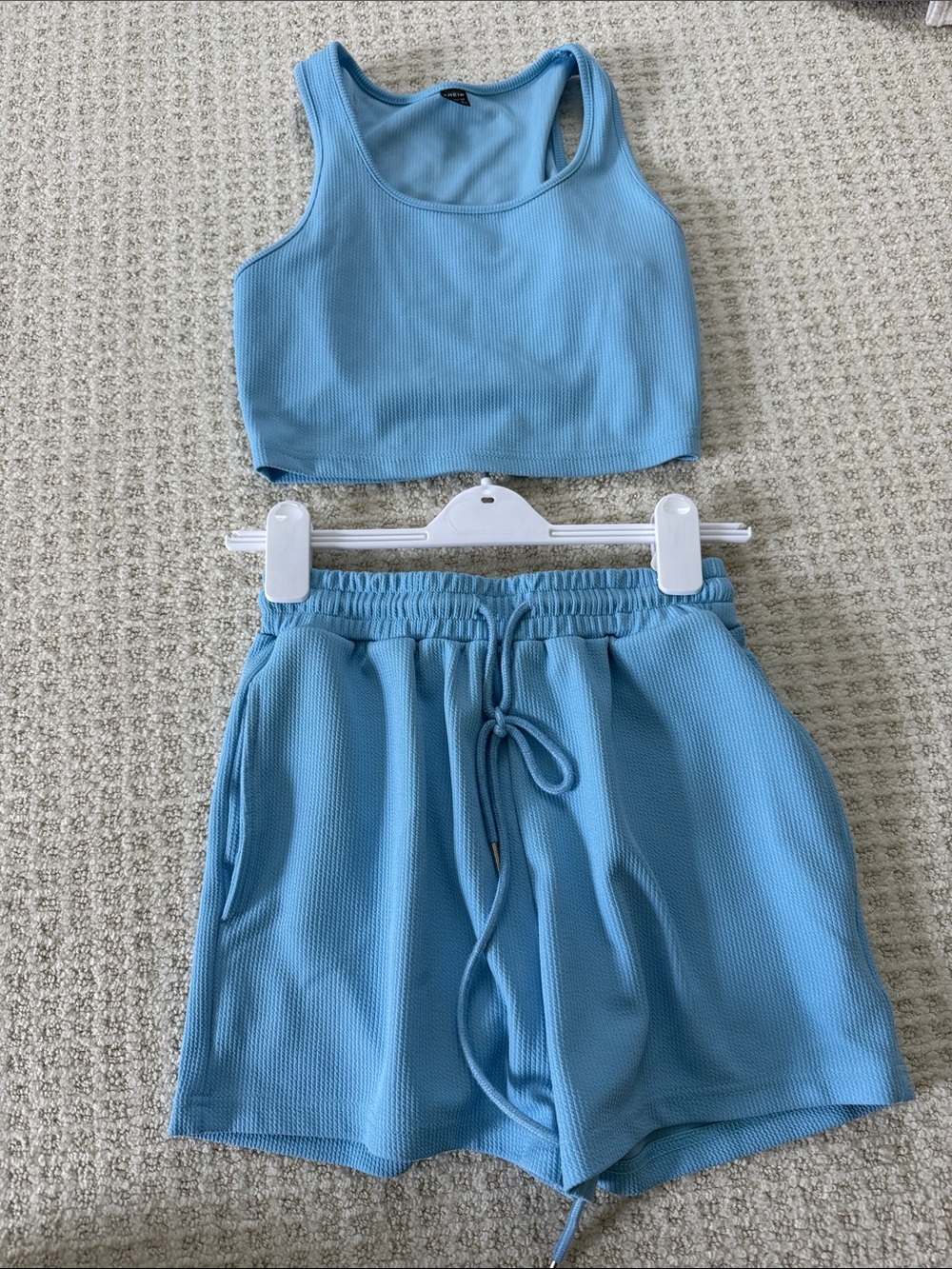 Light Blue Ribbed Crop Tank and Shorts Set